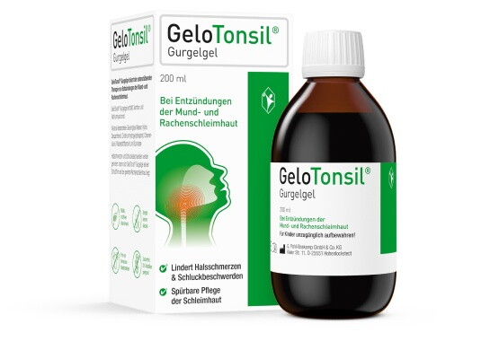 GeloTonsil® Gurgelgel Verpackung und Produktflasche